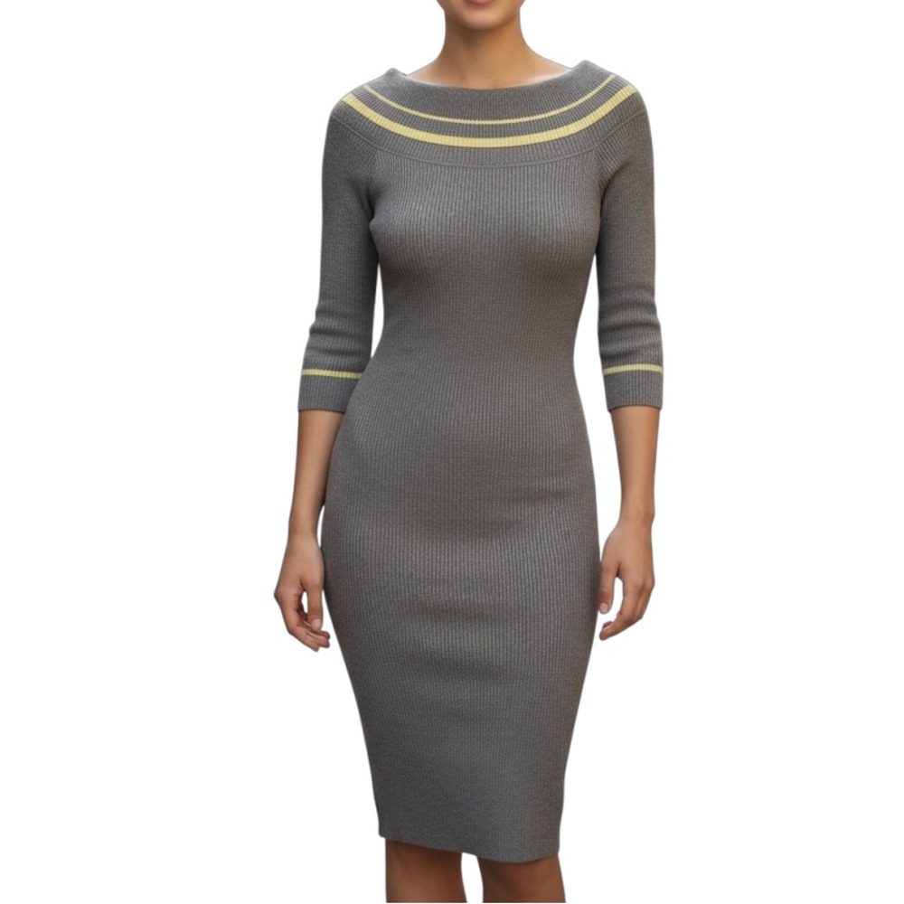 Chic Long Sleeve Gray Dress with Yellow Accents